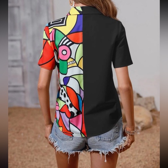Boho Pop Art Color Block 2 Tone Short Sleeve Button Down Shirt Top Blouse Pink - Picture 7 of 8